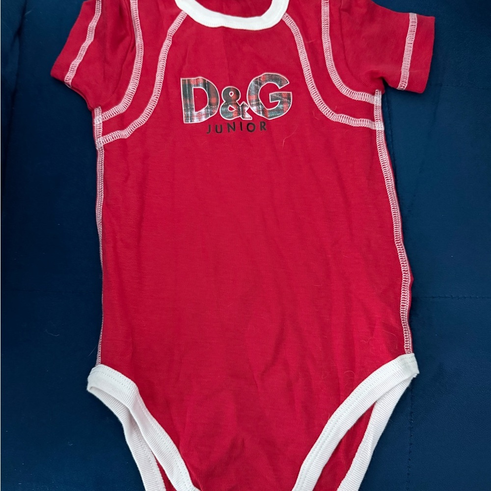D&G Junior Red Plaid Baby One-Piece Bodysuit with White Trim